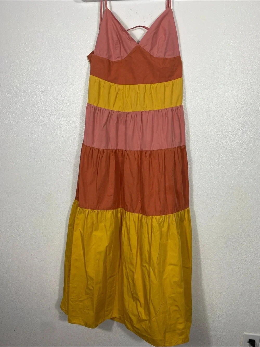 Tiered Colorblock Maxi Dress - Pink, Coral & Yellow Size L 100% Cotton